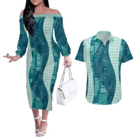 Polynesian Tribal Pattern Patchwork Picturesque Couples Matching Off The Shoulder Long Sleeve Dress and Hawaiian Shirt Oceanic