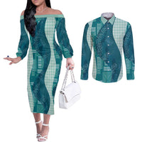 Polynesian Tribal Pattern Patchwork Picturesque Couples Matching Off The Shoulder Long Sleeve Dress and Long Sleeve Button Shirt Oceanic
