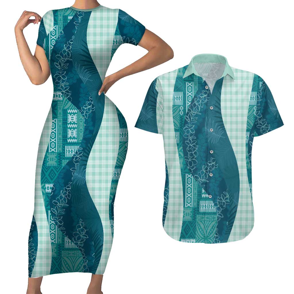 Polynesian Tribal Pattern Patchwork Picturesque Couples Matching Short Sleeve Bodycon Dress and Hawaiian Shirt Oceanic