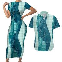 Polynesian Tribal Pattern Patchwork Picturesque Couples Matching Short Sleeve Bodycon Dress and Hawaiian Shirt Oceanic