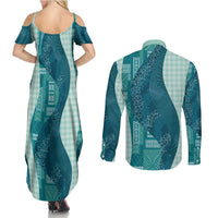 Polynesian Tribal Pattern Patchwork Picturesque Couples Matching Summer Maxi Dress and Long Sleeve Button Shirt Oceanic