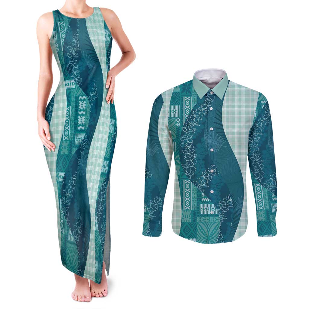 Polynesian Tribal Pattern Patchwork Picturesque Couples Matching Tank Maxi Dress and Long Sleeve Button Shirt Oceanic