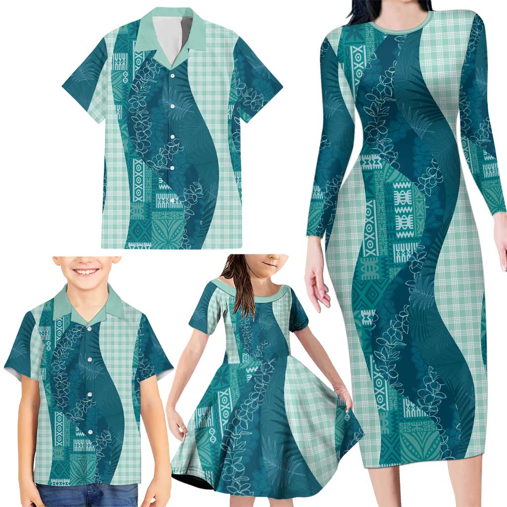 Polynesian Tribal Pattern Patchwork Picturesque Family Matching Long Sleeve Bodycon Dress and Hawaiian Shirt Oceanic