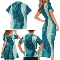 Polynesian Tribal Pattern Patchwork Picturesque Family Matching Short Sleeve Bodycon Dress and Hawaiian Shirt Oceanic