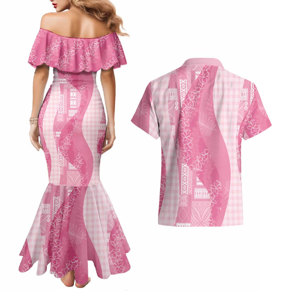Polynesian Tribal Pattern Patchwork Picturesque Couples Matching Mermaid Dress and Hawaiian Shirt Rose Pink