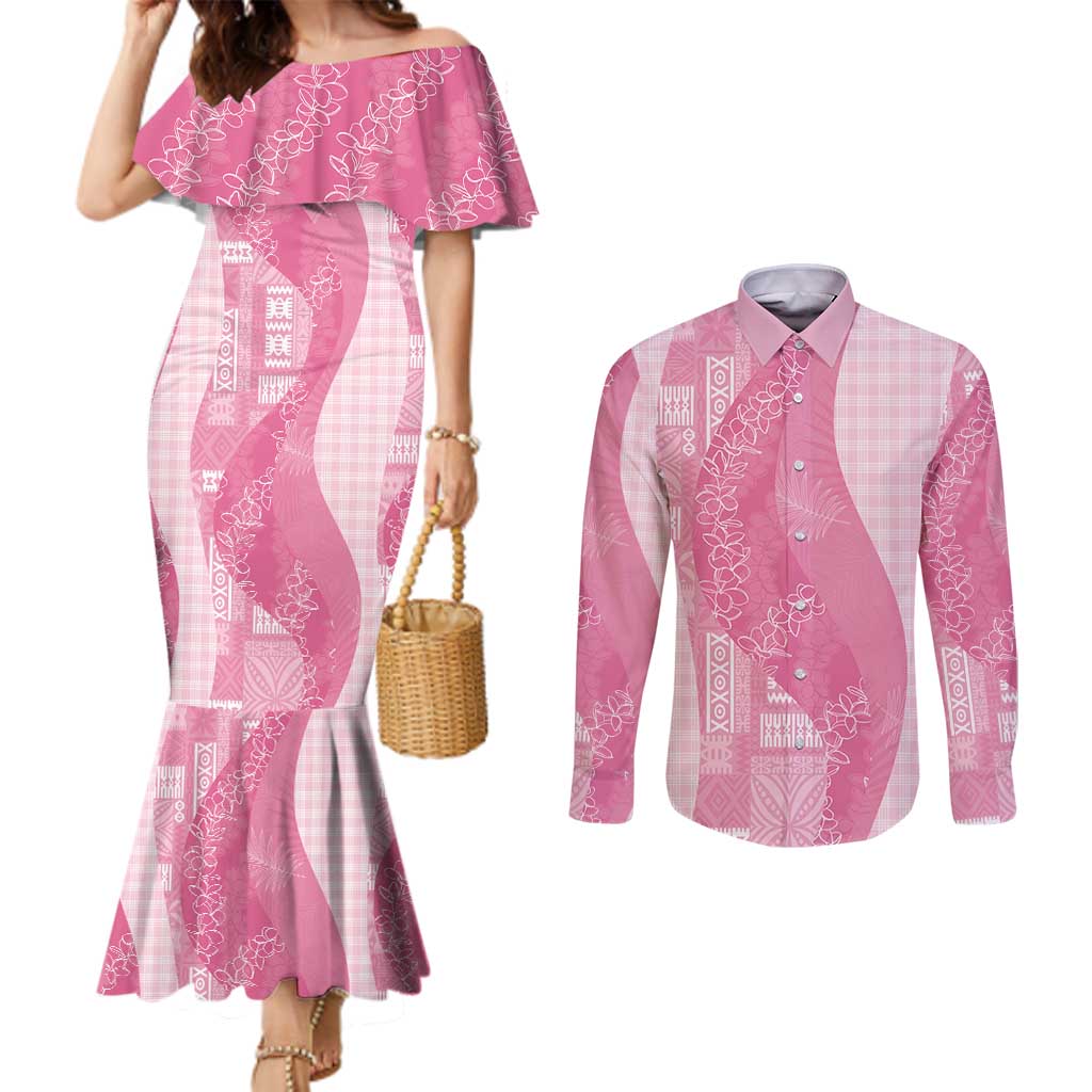 Polynesian Tribal Pattern Patchwork Picturesque Couples Matching Mermaid Dress and Long Sleeve Button Shirt Rose Pink