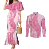 Polynesian Tribal Pattern Patchwork Picturesque Couples Matching Mermaid Dress and Long Sleeve Button Shirt Rose Pink