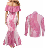 Polynesian Tribal Pattern Patchwork Picturesque Couples Matching Mermaid Dress and Long Sleeve Button Shirt Rose Pink