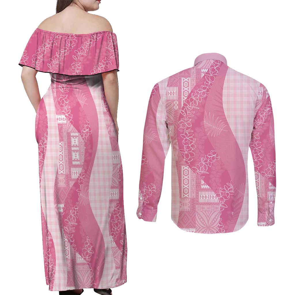 Polynesian Tribal Pattern Patchwork Picturesque Couples Matching Off Shoulder Maxi Dress and Long Sleeve Button Shirt Rose Pink