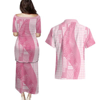 Polynesian Tribal Pattern Patchwork Picturesque Couples Matching Puletasi and Hawaiian Shirt Rose Pink