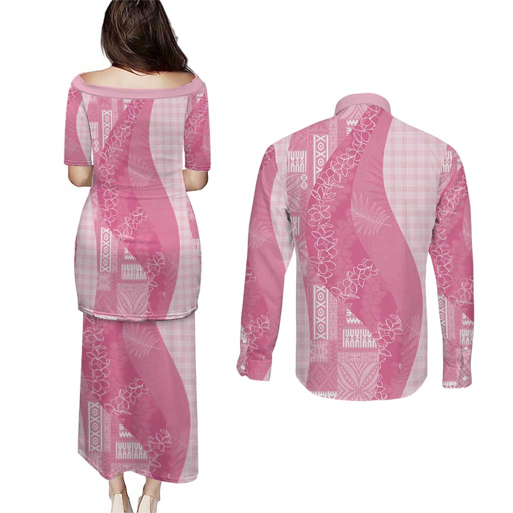 Polynesian Tribal Pattern Patchwork Picturesque Couples Matching Puletasi and Long Sleeve Button Shirt Rose Pink