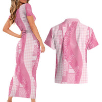 Polynesian Tribal Pattern Patchwork Picturesque Couples Matching Short Sleeve Bodycon Dress and Hawaiian Shirt Rose Pink