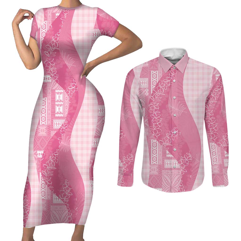 Polynesian Tribal Pattern Patchwork Picturesque Couples Matching Short Sleeve Bodycon Dress and Long Sleeve Button Shirt Rose Pink
