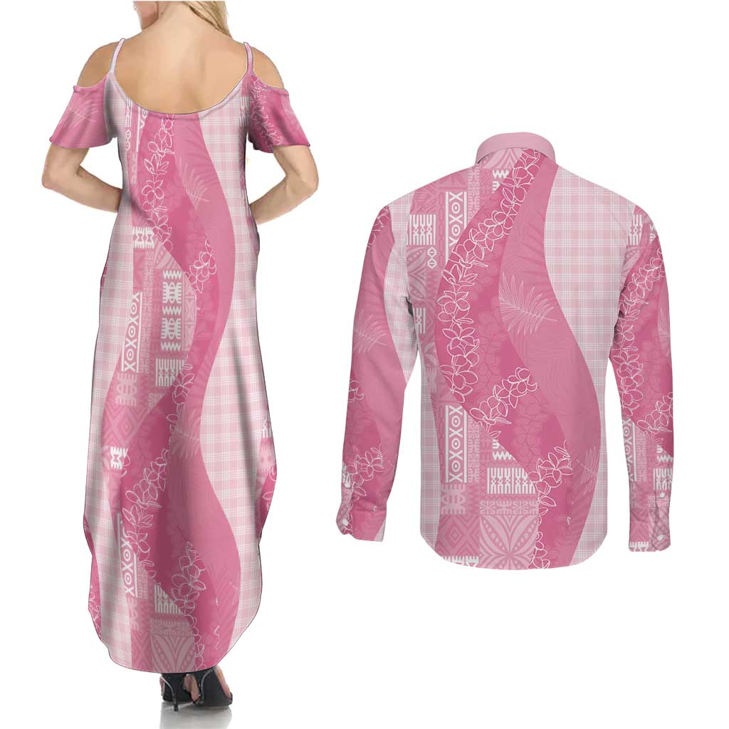 Polynesian Tribal Pattern Patchwork Picturesque Couples Matching Summer Maxi Dress and Long Sleeve Button Shirt Rose Pink