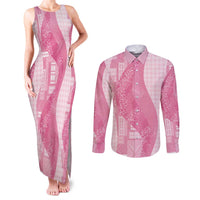 Polynesian Tribal Pattern Patchwork Picturesque Couples Matching Tank Maxi Dress and Long Sleeve Button Shirt Rose Pink