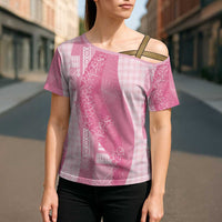 Polynesian Tribal Pattern Patchwork Picturesque Cross Shoulder Shirt Rose Pink
