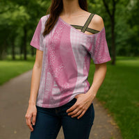 Polynesian Tribal Pattern Patchwork Picturesque Cross Shoulder Shirt Rose Pink