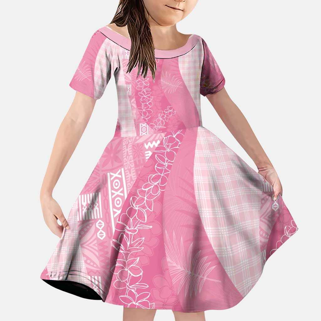 Polynesian Tribal Pattern Patchwork Picturesque Family Matching Off The Shoulder Long Sleeve Dress and Hawaiian Shirt Rose Pink
