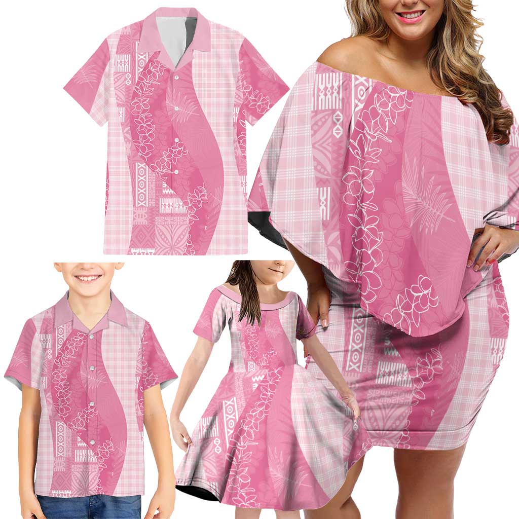 Polynesian Tribal Pattern Patchwork Picturesque Family Matching Off Shoulder Short Dress and Hawaiian Shirt Rose Pink