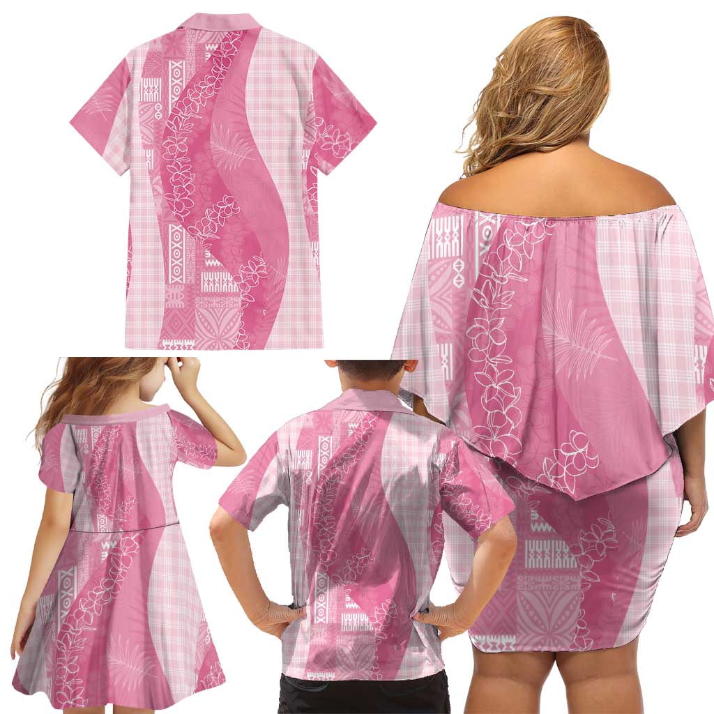 Polynesian Tribal Pattern Patchwork Picturesque Family Matching Off Shoulder Short Dress and Hawaiian Shirt Rose Pink