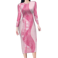 Polynesian Tribal Pattern Patchwork Picturesque Long Sleeve Bodycon Dress Rose Pink