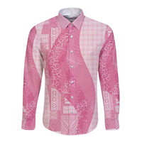 Polynesian Tribal Pattern Patchwork Picturesque Long Sleeve Button Shirt Rose Pink
