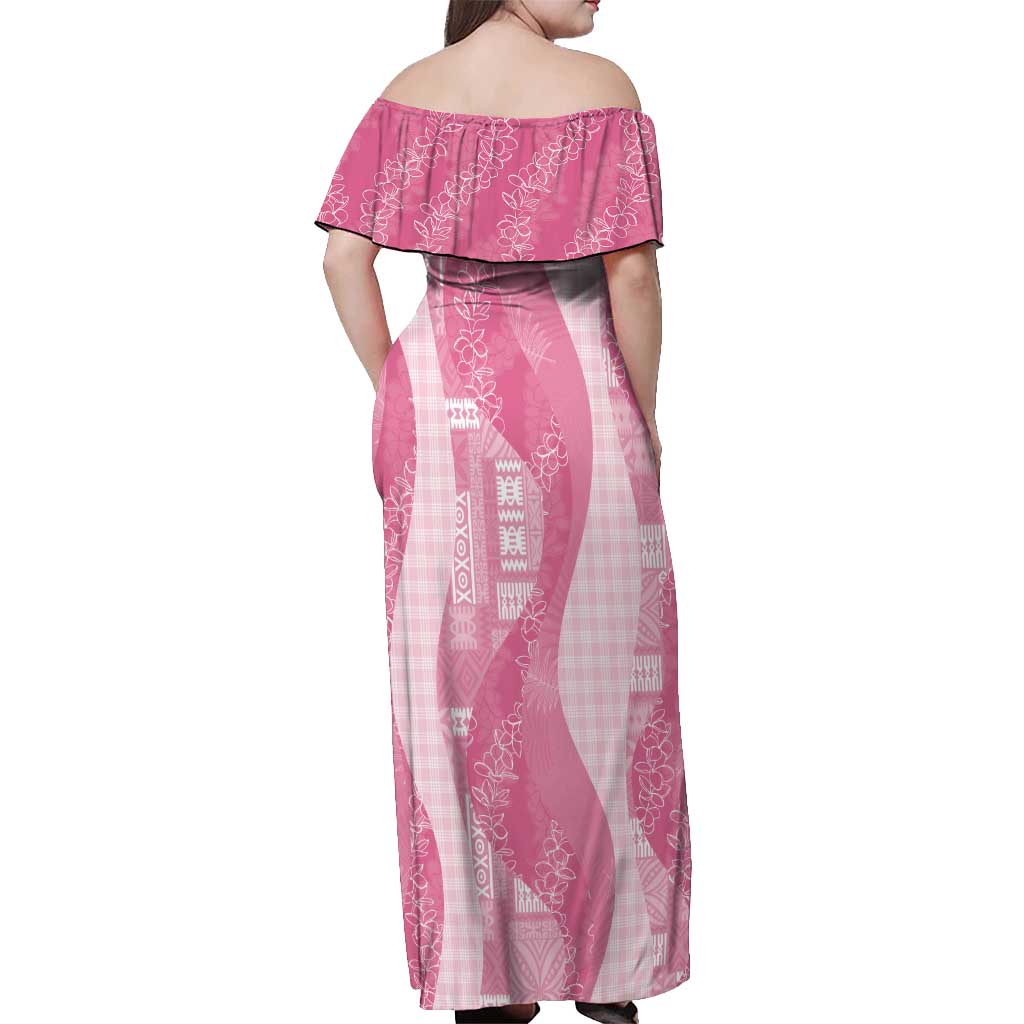 Polynesian Tribal Pattern Patchwork Picturesque Off Shoulder Maxi Dress Rose Pink