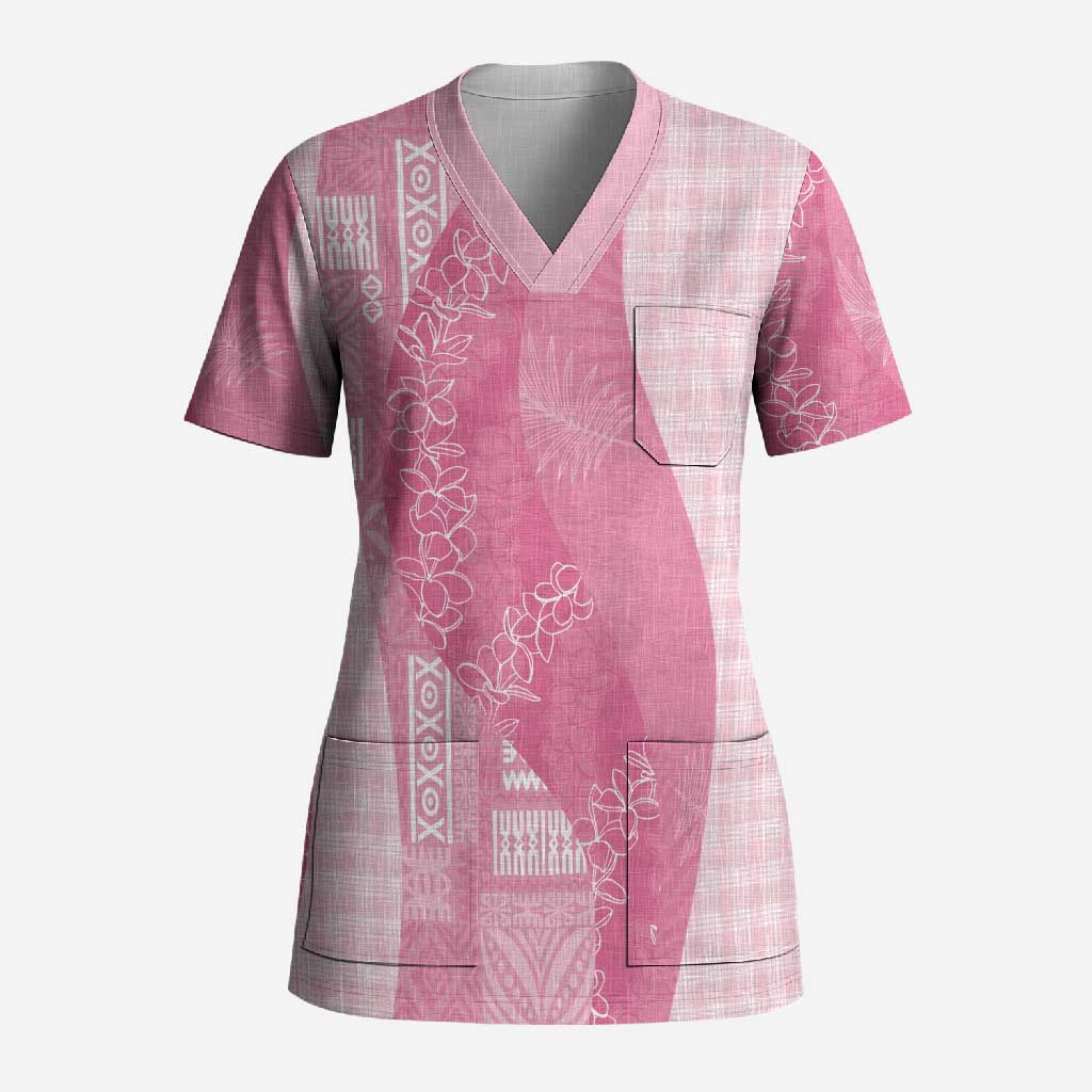 Polynesian Tribal Pattern Patchwork Picturesque Scrub Top Rose Pink