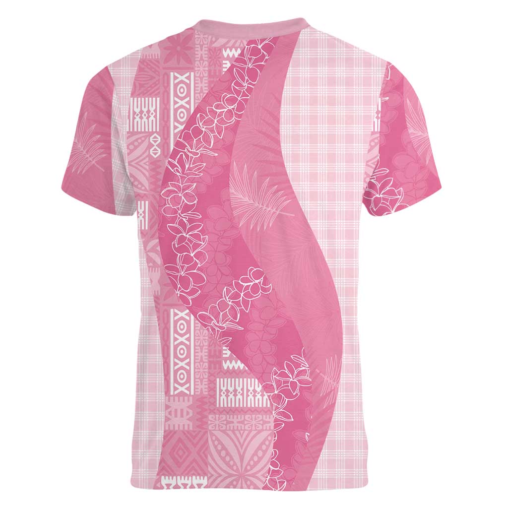 Polynesian Tribal Pattern Patchwork Picturesque Women V-Neck T-Shirt Rose Pink