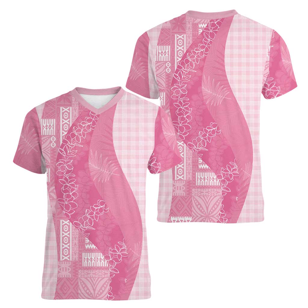 Polynesian Tribal Pattern Patchwork Picturesque Women V-Neck T-Shirt Rose Pink