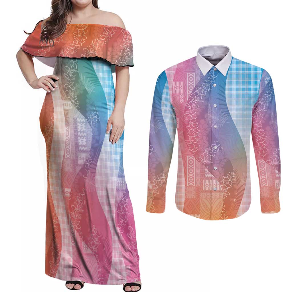 Polynesian Tribal Pattern Patchwork Picturesque Couples Matching Off Shoulder Maxi Dress and Long Sleeve Button Shirt Holographic
