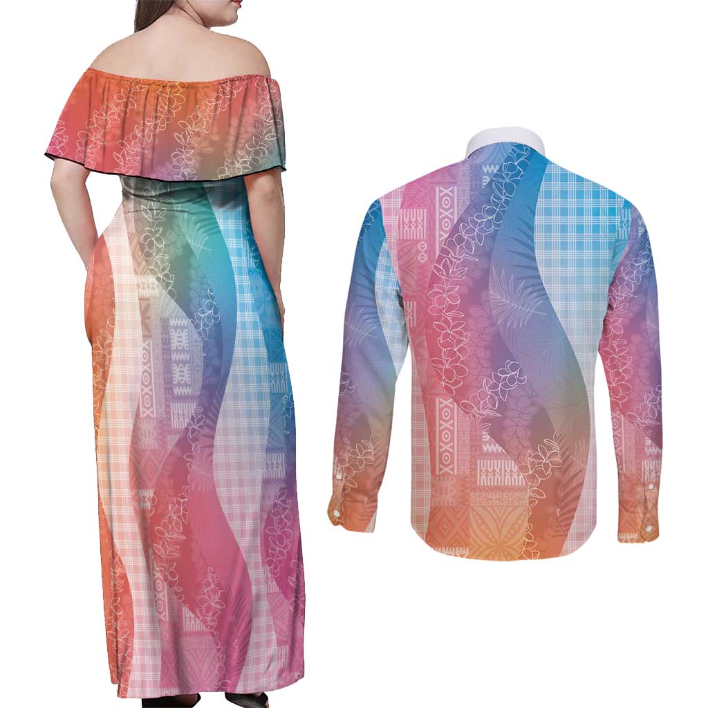 Polynesian Tribal Pattern Patchwork Picturesque Couples Matching Off Shoulder Maxi Dress and Long Sleeve Button Shirt Holographic