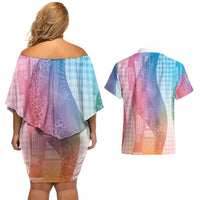 Polynesian Tribal Pattern Patchwork Picturesque Couples Matching Off Shoulder Short Dress and Hawaiian Shirt Holographic