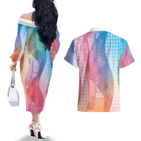 Polynesian Tribal Pattern Patchwork Picturesque Couples Matching Off The Shoulder Long Sleeve Dress and Hawaiian Shirt Holographic