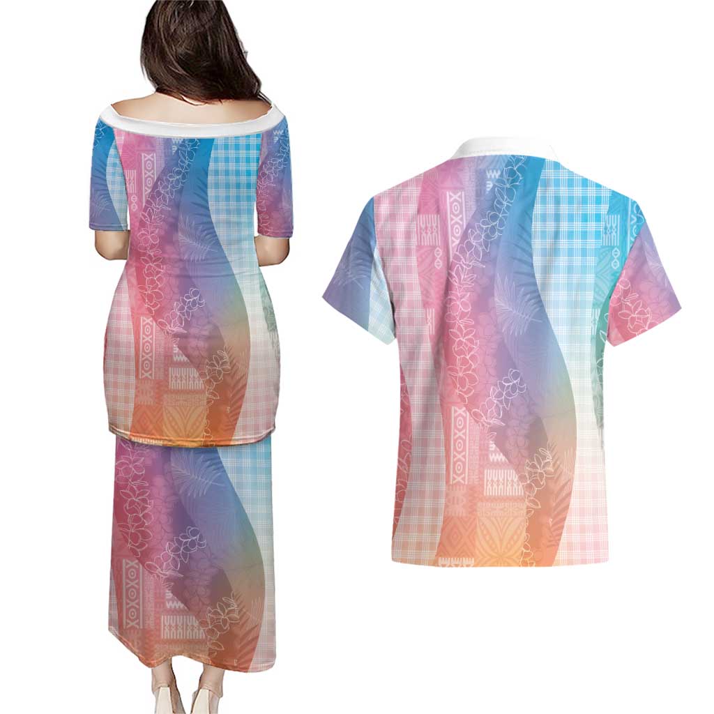 Polynesian Tribal Pattern Patchwork Picturesque Couples Matching Puletasi and Hawaiian Shirt Holographic