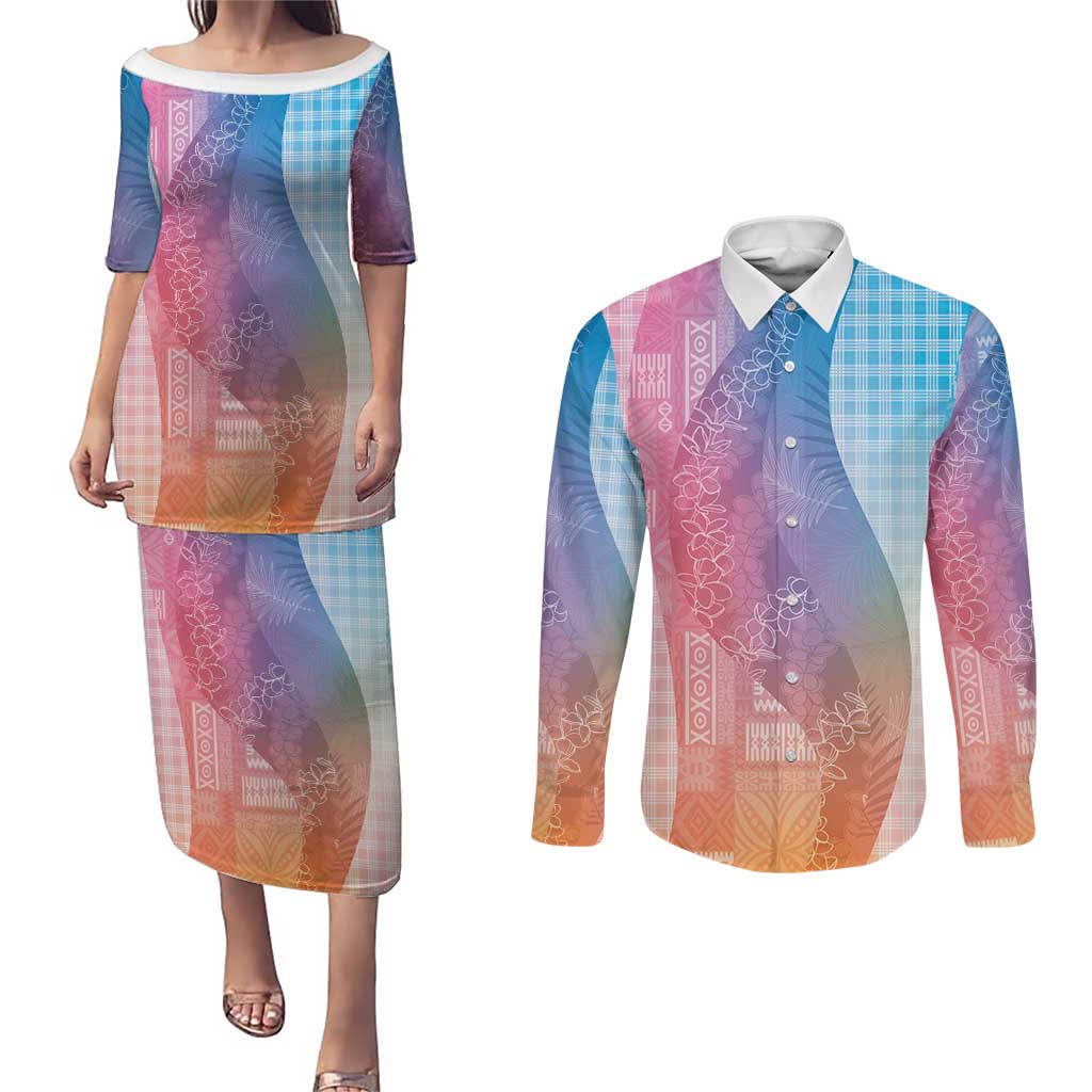 Polynesian Tribal Pattern Patchwork Picturesque Couples Matching Puletasi and Long Sleeve Button Shirt Holographic