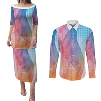 Polynesian Tribal Pattern Patchwork Picturesque Couples Matching Puletasi and Long Sleeve Button Shirt Holographic