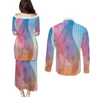 Polynesian Tribal Pattern Patchwork Picturesque Couples Matching Puletasi and Long Sleeve Button Shirt Holographic