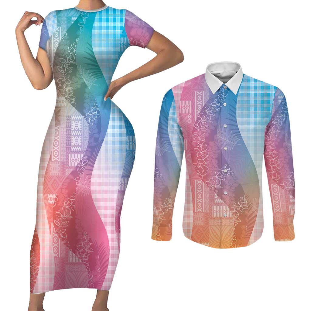 Polynesian Tribal Pattern Patchwork Picturesque Couples Matching Short Sleeve Bodycon Dress and Long Sleeve Button Shirt Holographic