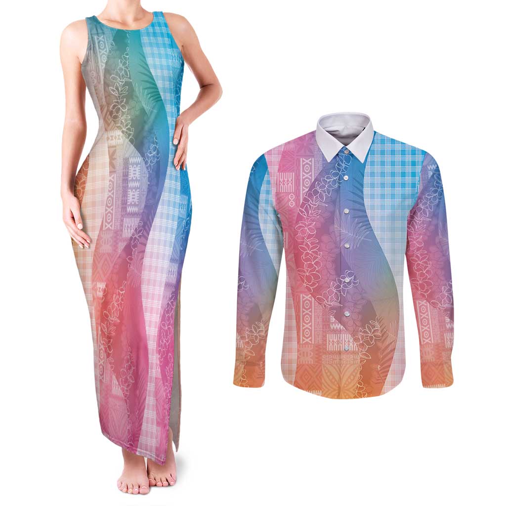 Polynesian Tribal Pattern Patchwork Picturesque Couples Matching Tank Maxi Dress and Long Sleeve Button Shirt Holographic
