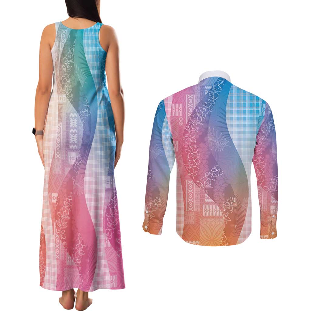 Polynesian Tribal Pattern Patchwork Picturesque Couples Matching Tank Maxi Dress and Long Sleeve Button Shirt Holographic