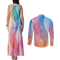 Polynesian Tribal Pattern Patchwork Picturesque Couples Matching Tank Maxi Dress and Long Sleeve Button Shirt Holographic