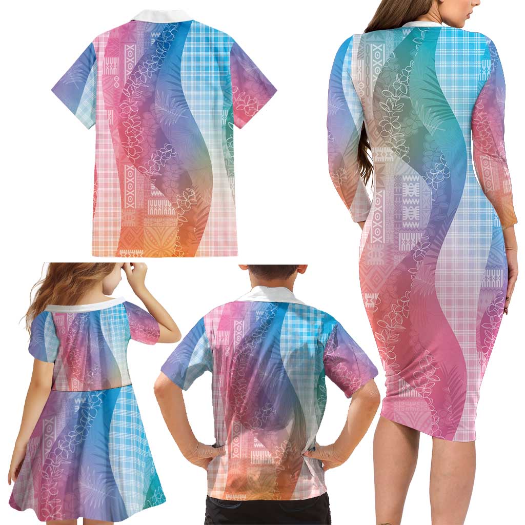 Polynesian Tribal Pattern Patchwork Picturesque Family Matching Long Sleeve Bodycon Dress and Hawaiian Shirt Holographic