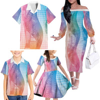 Polynesian Tribal Pattern Patchwork Picturesque Family Matching Off The Shoulder Long Sleeve Dress and Hawaiian Shirt Holographic