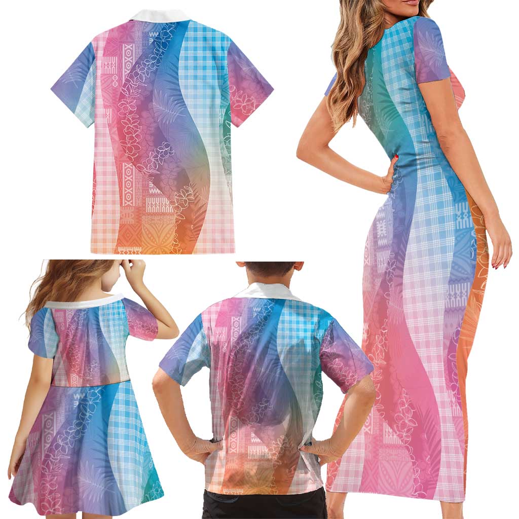 Polynesian Tribal Pattern Patchwork Picturesque Family Matching Short Sleeve Bodycon Dress and Hawaiian Shirt Holographic