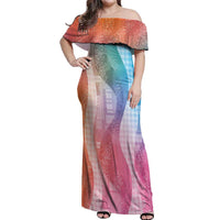 Polynesian Tribal Pattern Patchwork Picturesque Off Shoulder Maxi Dress Holographic