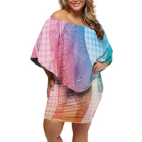 Polynesian Tribal Pattern Patchwork Picturesque Off Shoulder Short Dress Holographic