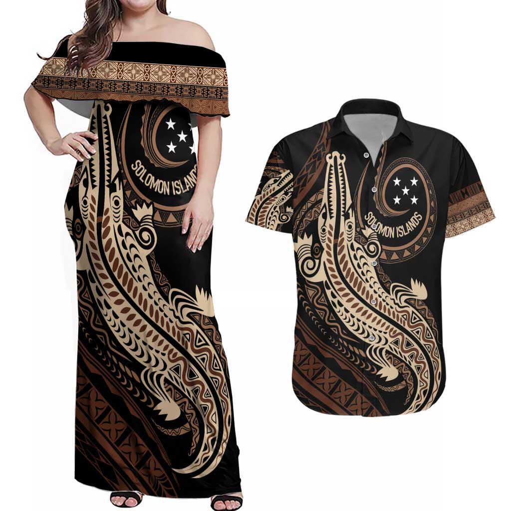 Personalized Solomon Islands Crocodile Couples Matching Off Shoulder Maxi Dress and Hawaiian Shirt Hapi Isles - Independence Anniversary