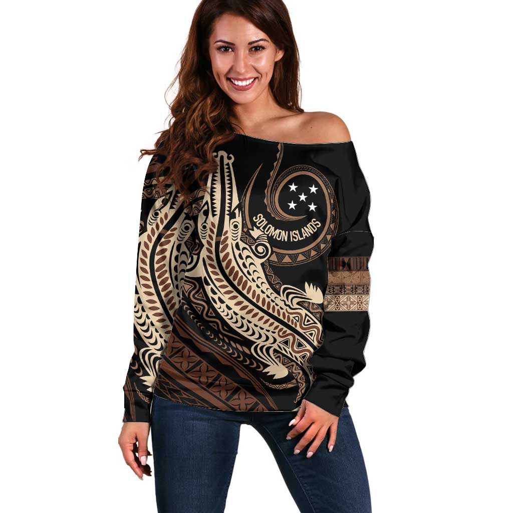 Personalized Solomon Islands Crocodile Off Shoulder Sweater Hapi Isles - Independence Anniversary