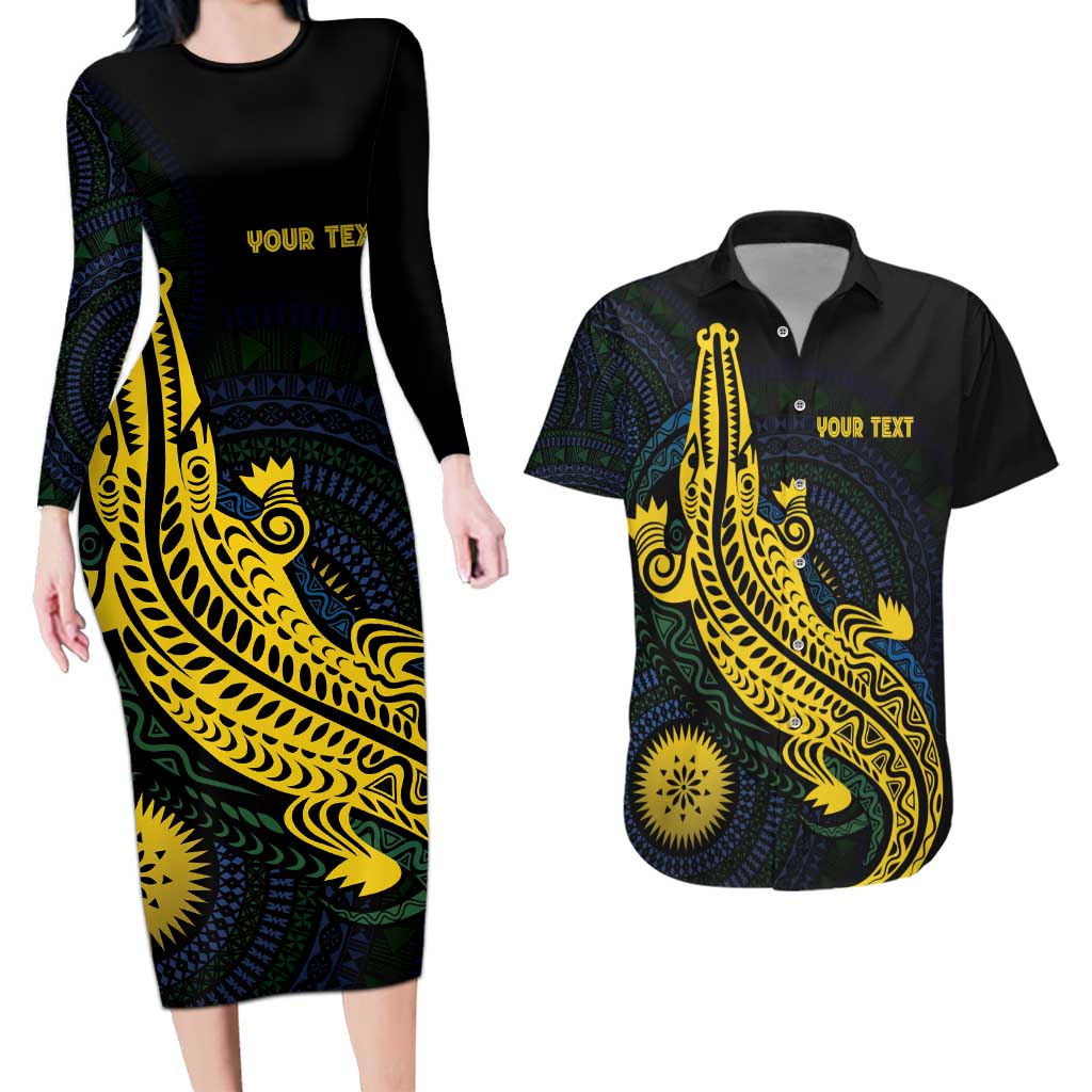 Personalized Solomon Islands Independence Anniversary Couples Matching Long Sleeve Bodycon Dress and Hawaiian Shirt Crocodile Mix Tapa